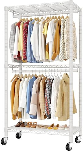 REIBII Clothes Rack, Clothes Rail, 200 CM Tall Heavy Duty Clothes Rail for Bedroom, Portable Clothing Rail on Wheels with Adjustable Shelves, Open Wardrobe for Bedroom, White