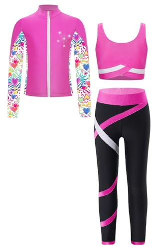 Oyolan Barn, flicka, idrottsset, träningsoverall, jacka, linne, leggings, gym, outfit, gymnastik, skridskoåkning, dans, träning, 5–16 år, Skrikrosa, 9-10 �r