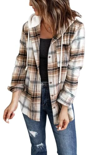 LACOZY Women's Buffalo Plaid Shirt Long Sleeve Jacket Casual Hoodie Loose Fit 2026 Fall Clothing with Pocket Khaki XL