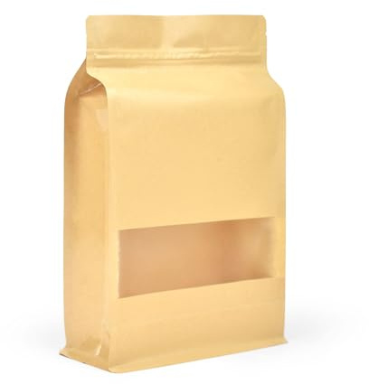 Evergreen Goods - 100 bolsas de papel kraft con fondo plano para ventana (180 x 280 mm), bolsas de papel reutilizables de grado alimenticio para embalaje de alimentos, bolsas con cierre de cremallera