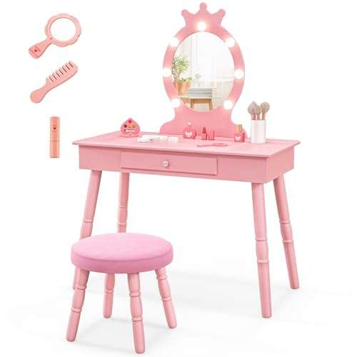 LIFEZEAL Specchiera Trucco Bambina, con 7 LED, 3 Colori di Luci, Postazione Trucco Bambina, con Sgabello Imbottito, Cassetto e Specchio di Corona, Toeletta Trucco per Bimbi 3-7 Anni (rosa)