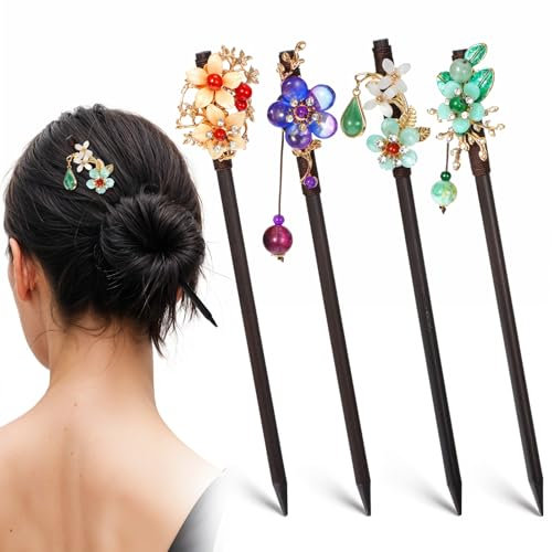 Jeffdad 4 Stück Holz Haarstäbchen, Chinesische Haarnadel mit Blumen und Quasten, Vintage Haar sticks für Frauen Mädchen Haar Zubehör