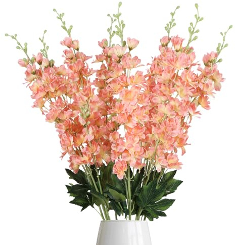 Delphinium Artificial Flowers,8PCS Long Stem Silk Larkspur Flowers 33.5'' Faux Delphinium Stems for Tall Vase Home Wedding Table Decor(Coral
