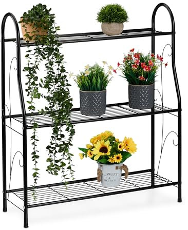 Relaxdays Scaffale Porta Piante a 3 Ripiani, Portapiante in Vaso, Fiori ed Erbe, Mobile in Acciaio, 83x71x24,5 cm, Nero