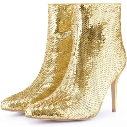 Perphy Women Dressy Sequin Pointed Toe Stiletto Heel Ankle Boots Party | Shiny ABS upper. Lightly padded insole. 4-inch stiletto heel. Versatile for work, date, wedding, cocktail.