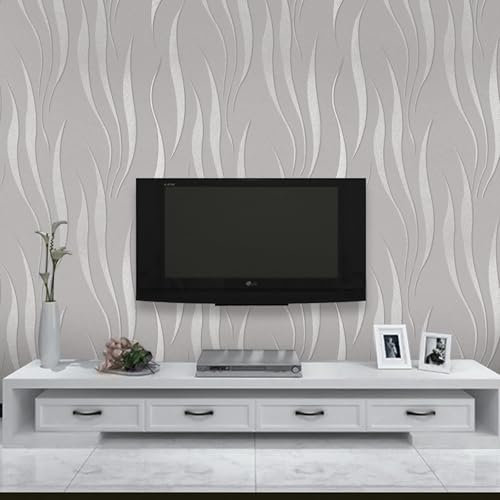 Trafagala Grey White Embossed Wallpaper Non-Woven Wave Stripes Roll 3D Silver Glitter Wallpaper Feature Modern Geometric Patterned Taupe for Livingroom Bedroom Kitchen