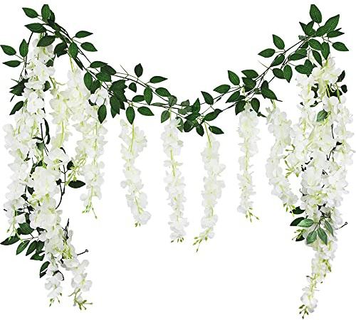 CEWUDA 2 Pz Vite di Fiori Artificiali Ghirlande di Glicine in Seta Bianco Finti Appesi Ghirlanda Viti da Appendere alla Parete per Casa Giardino Cerimonia all'Aperto Matrimonio Decorazione Floreale