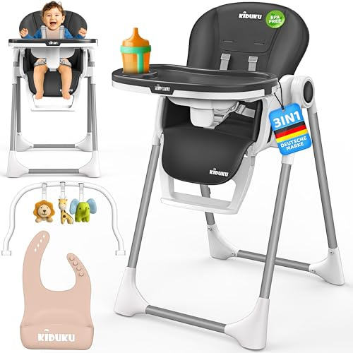KIDUKU® Seggiolone Pappa Neonato 3 in 1 con Riduttore & Bavaglino | Seggiolone Pieghevole per Bebè e Bambini con Arco Giochi | Sedia Evolutiva Regolabile 7 Livelli | Crescita 0-36 Mesi (Nero)