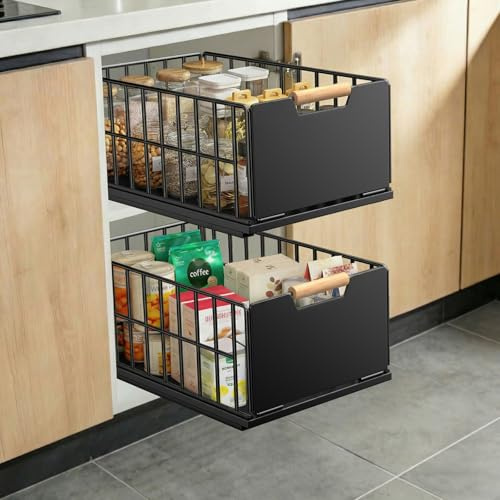 2 Piezas Cajones extraibles para Cocina, rganizador de telescopico cajones tallering con guías para cajones y manija de madera, cajón extraíble de metal Cocina - 40 L x 25 W x 18 H CM
