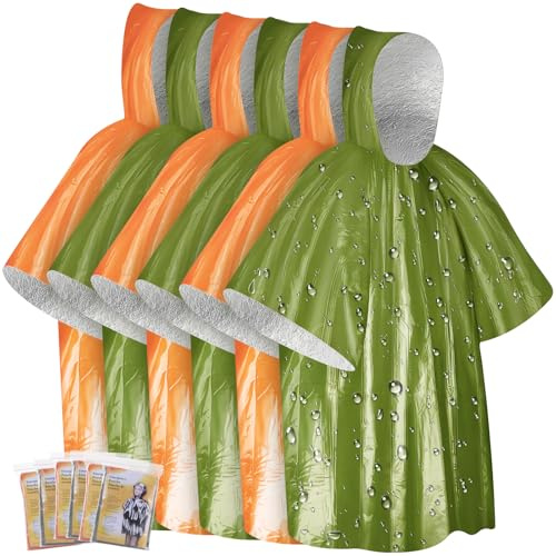 MICHIHOMIE 6pcs Emergency Survival Poncho, Thermal Mylar Foil Coating Blanket for Heat Retention and Rain, Reversible with Hood, Windproof, Portable for Outdoor Use