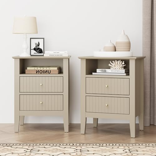 SUNVIVI Beige Fluted Nightstand with 2 Drawers Set of 2, Modern Wooden Sofa Table with Storage for Small Spaces, Tall End Table for Bedroom,Living Room, Couch Coffee Table