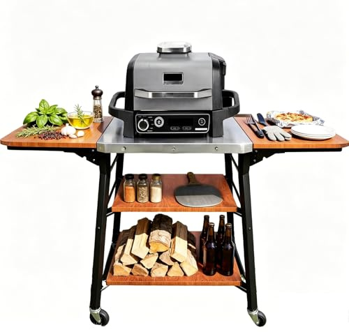 GFTIME Grillwagen mit Edelstahl-Arbeitsplatte, BBQ Wagen mit 2 klappbaren Seitenablagen & 2 Ablageböden, mobiler Outdoor Küchenwagen mit Rollen für Grill, Pizzaofen & Garten