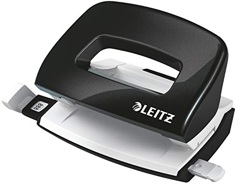 Leitz Mini Locher aus Metall, kleiner Locher für 10 Blatt, Metall, Anschlagschiene mit Formatangaben, Ergonomisches Design, schwarz, WOW-Serie, 50601095
