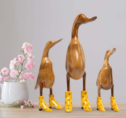 Rikmani - Figura di legno Anatra Stivali Tacchi Giallo Fiorito - Fatto a mano in legno Decorazione Regalo Figurina Set