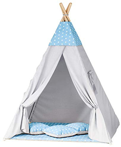 TIPOO Tipi Zelt Spielzelt Baumwolle Kinderzelt mit 3 Kissenmatratzen Stabiles Zelt für Mädchen und Mädchen für Zuhause und Garten (Stars Blue - Gray)