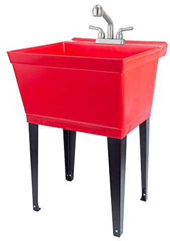 Red Utility Sink Laundry Tub With Pull Out Stainless Faucet, Sprayer Spout, Heavy Duty Slop Sink For Washing Room, Basement, Garage or Shop, Large Free Standing Wash Station Tubs and Drainage