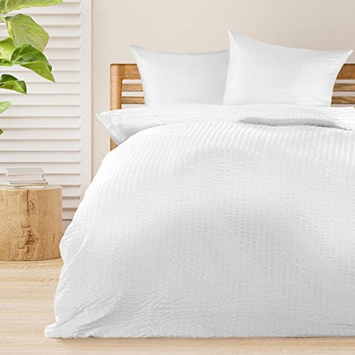 Beautissu 4tlg Seersucker Bettwäsche 135x200 cm Sommer & Kopfkissen Bezug 80x80 cm – Bügelfrei Bettwäsche-Sets Bettbezug Sommerbettwäsche 135x200 – Hautfreundlich Bettwaren & Bettwäsche Weiß – Meline