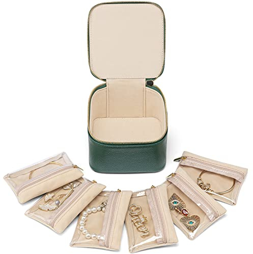 VLANDO Small Jewellery Box Organiser, Travel Jewelry Storage with 6 Velvet Jewellery Zipper Pockets, Premium Petal Hardware Jewellery Case for women girls