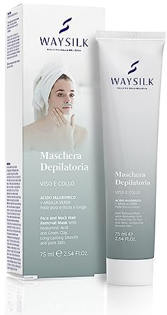 Waysilk | Maschera Depilatoria Viso e Collo, Crema Depilatoria Con Acido Ialuronico, Argilla Verde e Bianca, Pelle Liscia a Lungo, 75ml
