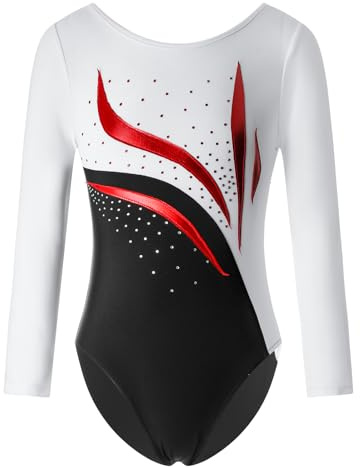 ranrann Enfant Fille Justaucorps Gymnastique Manches Longues Strass Leotard Tenue Patinage Danse Gym Costume Spectacle 5-16 Ans Blanc 9-10 ans