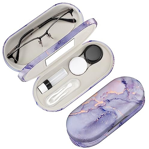 FINTIE Brillenetui - Hardcase Doppelseitiges Brillen Etui und Kontaktlinsenbehälter - Brillenhülle mit Spiegel Kontaktlinsen Reiseset, Lila Marmor