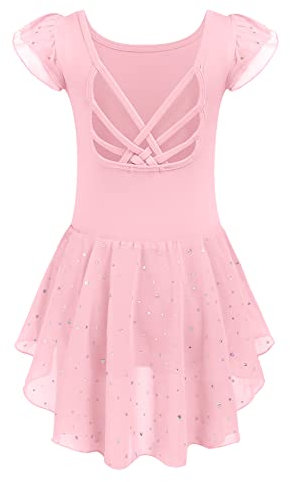 Arshiner Kinder Ballettkleidung Mädchen Baumwolle Tanztrikot Kurzarm Ballettkleid Rosa Ballettanzug Ballerina Kleid mit Irregulär Rock Tütü 130/3-4 Jahre
