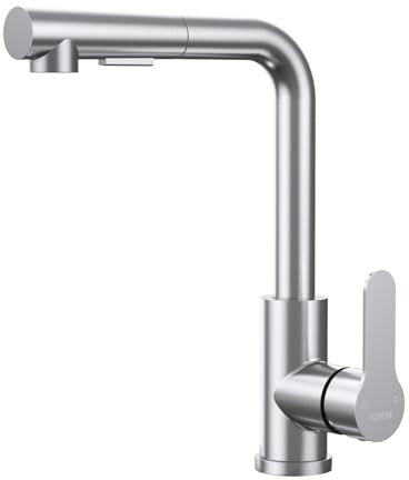 HURRAN Wasserhahn Küche mit Herausziehbarer Brause, Küchenarmatur aus Edelstahl mit 2 Wasserstrahlarten, Einhebel Armatur Küche mit 360° Schwenkbar für Bar für Küchenspüle, Gebürstetes Nickel