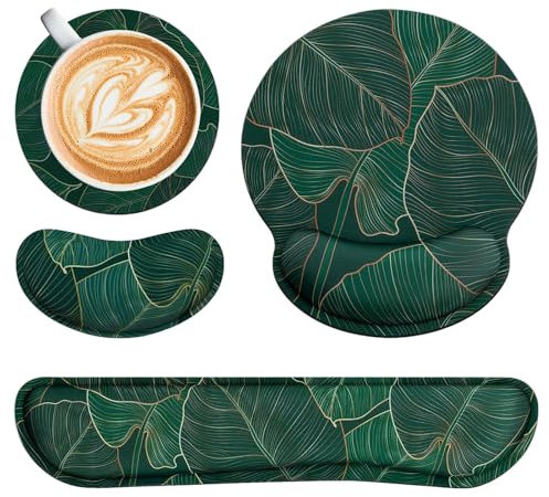 3-in-1 Mouse Mat Set Wrist Support Keyboard and Mouse Mat with Memory Foam Ergonomics Mouse Pad Mouse Wrist Rest with Non-slip Base for Home Office Computer, Laptop (Green Palm Leaf)