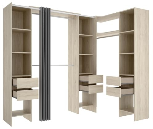 PEGANE Kit Armoire Dressing d'angle Extensible en Bois mélaminé chêne Naturel - Longueur 164-234 x Profondeur 141 x Hauteur 205 cm