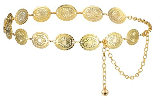 AOZUO Damen Metall Kettengürtel, Damen Concho Kettengürtel Western Cowgirl Gürtel für Kleid ausgehöhlter Daisy Gürtel in Gold Silber für Damenkleider Jeans Pullover (Gold)