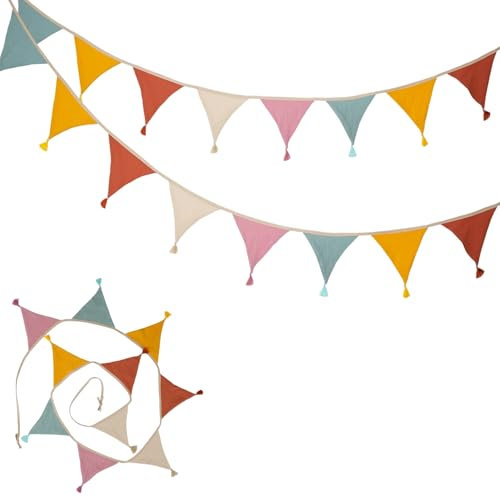 10Pcs Triangle Fabric Bunting Flags Double Sided Cotton Bunting with Tassel Decoration for holiday party (Pink)