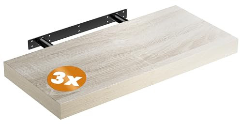 Casaria® 3X Wandregal Holz Eiche Hängeregal mit Halterung 15kg Tragkraft Küche Wohnzimmer Flur Schweberegal Bücherregal Regalbrett Schwebend 50cm