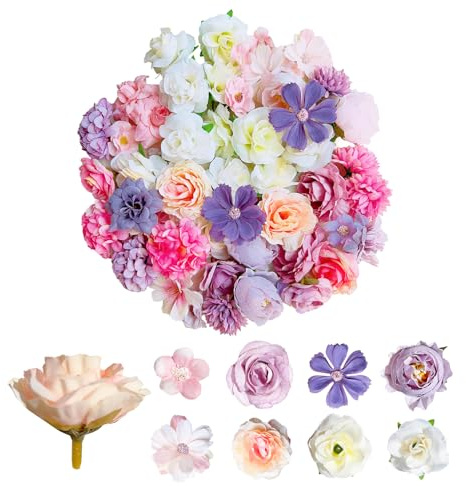 Lot de 50 têtes de fleurs artificielles pour travaux manuels avec 9 styles, fleurs artificielles, mini fleurs en soie, têtes de fleurs artificielles pour mariage, maison, bricolage, scrapbooking