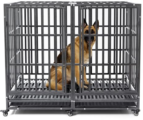 54 inch Heavy Duty Indestructible and Escape-Proof Dog Crate Cage Kennel for 1 XL or 2 Medium Dogs, Divider Panel, Removable Tray & Wheels, for High-Anxiety Dogs, Extra Large XL (Black)