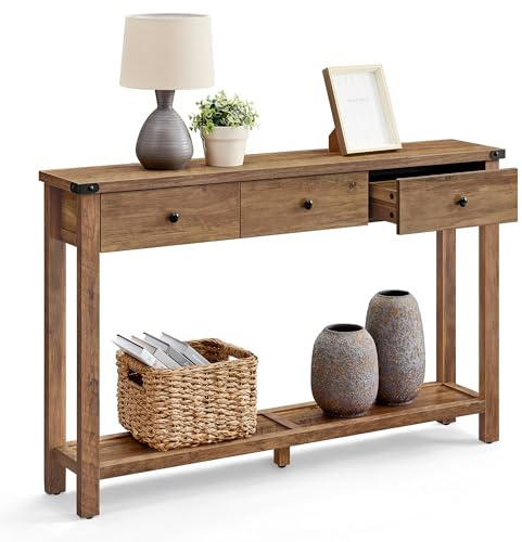 VASAGLE LIRY Kollektion - Konsolentisch, Beistelltisch, schmaler Sofatisch, mit 3 Schubladen und Einer Ablage, für Flur, Wohnzimmer, Landhausstil, honigbraun LNT142KB01
