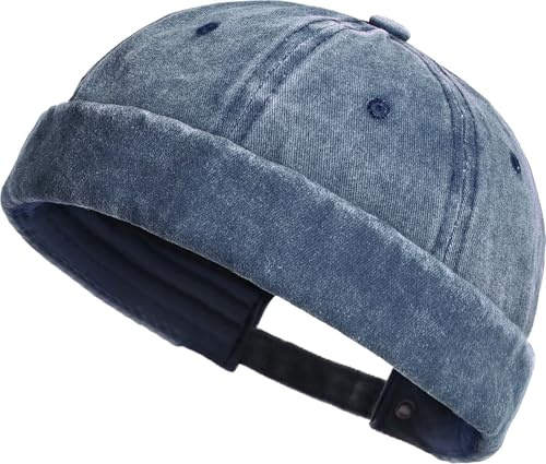 XYIYI Navy Washed Cotton Brimless Hats for Men Vintage Docker Beanie Cap Rolled Cuff Skullcap