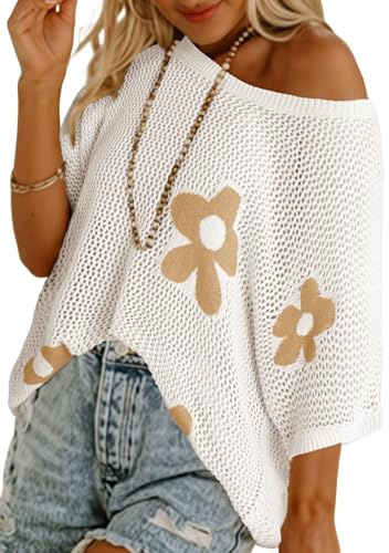 Chicrise Top Crochet Femme Ete Cover Up Col Rond Manches Courtes Tunique Hollow Out Tricot