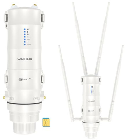 Repetidor WiFi Exterior Potente Wavlink AC1200 4G LTE Doble Banda Alta Potencia con Antena Larga Alcance 7dBi y Ranura SIM - Amplificador WiFi Outdoor PoE para Cobertura Extendida hasta 200m