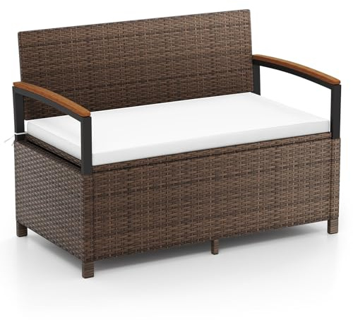 COSTWAY Banco de Almacenamiento Exterior Ratán, 175 L Baúl para Terraza con Cojín, Respaldo y Reposabrazos de Madera de Acacia, Sofá de Mimbre PE con Almacenamiento Oculto y Bolsa Impermeable (Blanco)