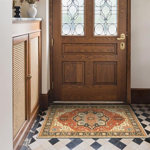 BEIMO Tapis Entree Interieur Vintage 60x90cm Lavable en Machine | AntidéRapant Poil Ras, pour Chambre Salle a Manger Descente de Lit Bureau, Cuisine, Rouge Orangé Rétro