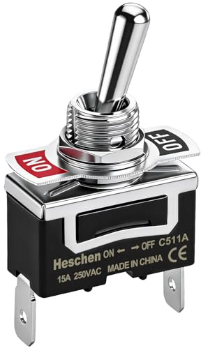 Heschen vippströmbrytare av metall, C511A, SPST, underhållen, på/av 2 positioner, 15 A 250 VAC, 2-fliksterminal, CE