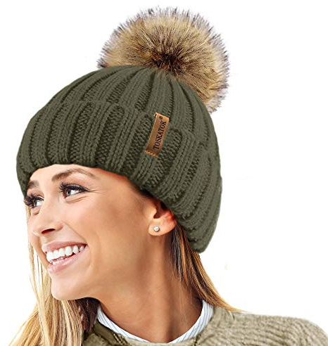 TOSKATOK®Womens Warm Winter Hat Woolly Knitted Beanie with Detachable Chunky Faux Fur Bobble Pom Pom-Olive