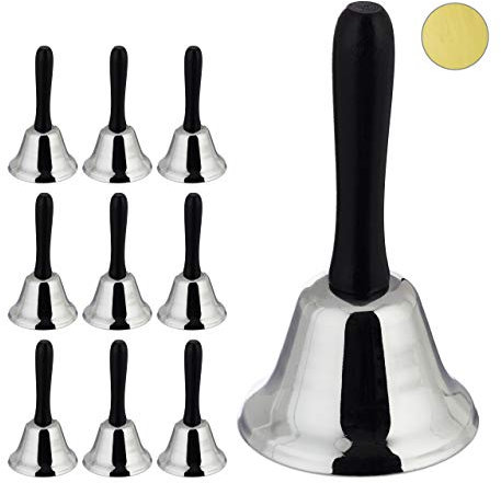 10 x Tischglocke Handglocke, lauter Klang, Holzgriff, Schule, Rezeption, Weihnachtsdeko, Eisen, 12 cm groß, silber