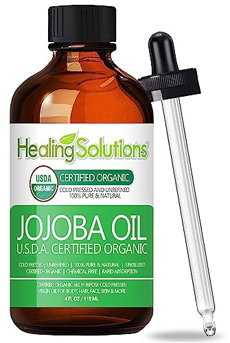 Healing Solutions Oils Organic Jojoba Oil 4 oz Pure Cold Pressed 100% Natural Serum for Hair, Skin, Face, Body, Scalp, Cuticle & Nail, Unrefined Moisturizing & Acne Fighter Treatment 118 ml