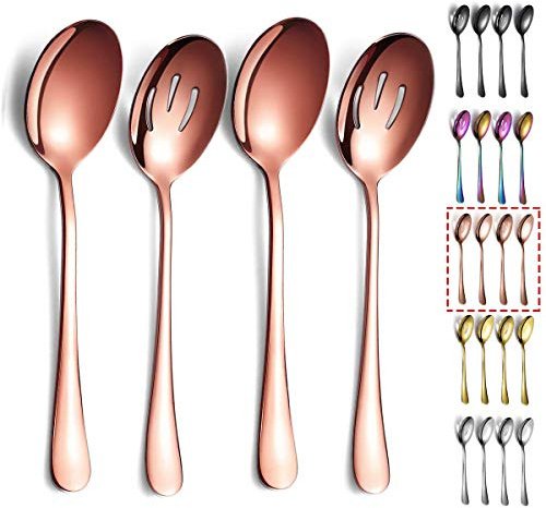 Rose Gold Serving Spoons 4 Pieces, Kyraton Titanium Plating Serving Spoon, Include 2 Serving Spoon and 2 Slotted Spoons, Stainless Steel Serving Utensils, Serving Set Packing of 4