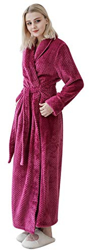 ANUFER Unisex Uomo Donna Spesso Flanella Vestaglia Collo a Scialle Calda Lunga Inverno Accappatoio Fucsia SN071027 L