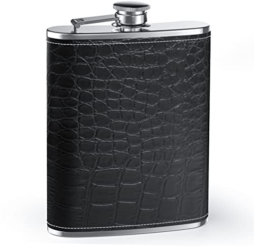 Fiaschetta Tascabile Acciaio Inox 8 oz Fiaschetta A Prova di Perdite con Cover in Pelle Nera Fiaschetta per Whisky, Rum e Vodka Fiaschetta Portatile per Uomini e Donne, Escursione, Viaggio