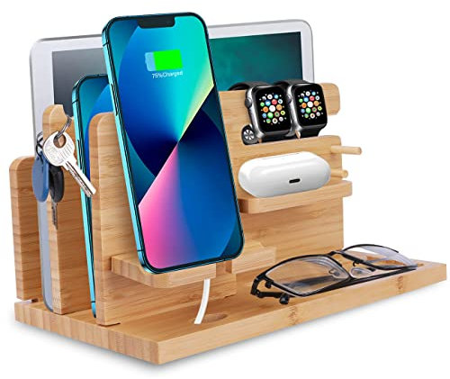 iCozzier Bambus-Telefonhalter, Schreibtisch-Dockingstation mit Schublade, Schlüssel, Geldbörse, Uhr, Holzständer, Betttisch und Schreibtischhalterungen, Tisch-Organizer (5)