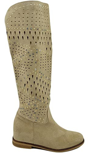 Stivali Donna Estivi Alti Scamosciati forati Beige Morbidi con Zeppa para Interna con Suola Antiscivolo e Borchie Moda (36 EU)
