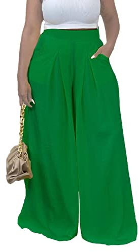 Miiyana Palazzo Pantalon pour femme grande taille taille avec jambe large plissée et fluide avec poche, vert, XX-Large